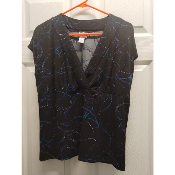 Chico's Size 2 (Large) Black Swirl Abstract Drip Pattern V-Neck Cap Sleeve Top - Picture 1 of 4